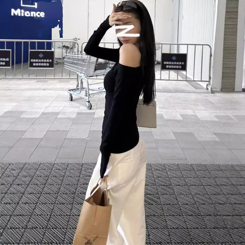 Pure Desire Hot Girl Body Shaping Slimming Off-the-Shoulder Long Sleeve T-Shirt Women Early Autumn Design Sense Versatile Base Shirt Student Top