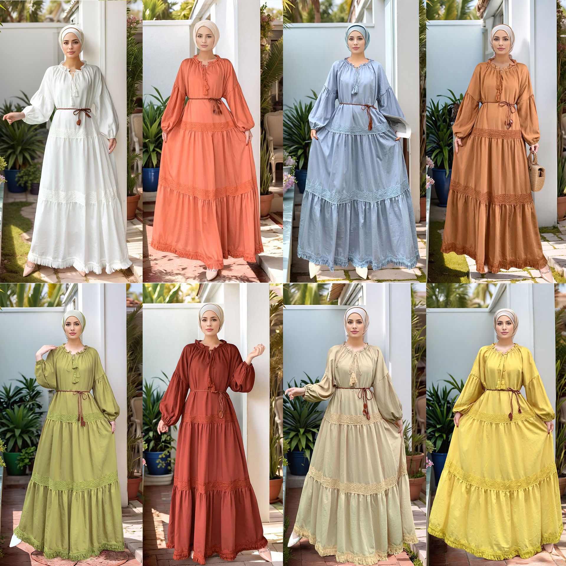 M327# Cross-border trade dress, fashionable women's clothing, tassel belt, lace patchwork, full skirt with ruffles.