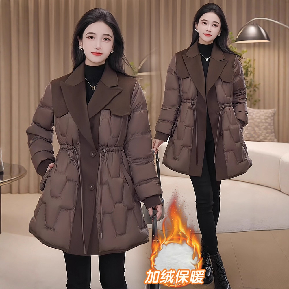 羽绒棉服西装领保暖外套女2025冬装新款小个子中长款加绒加厚棉衣
