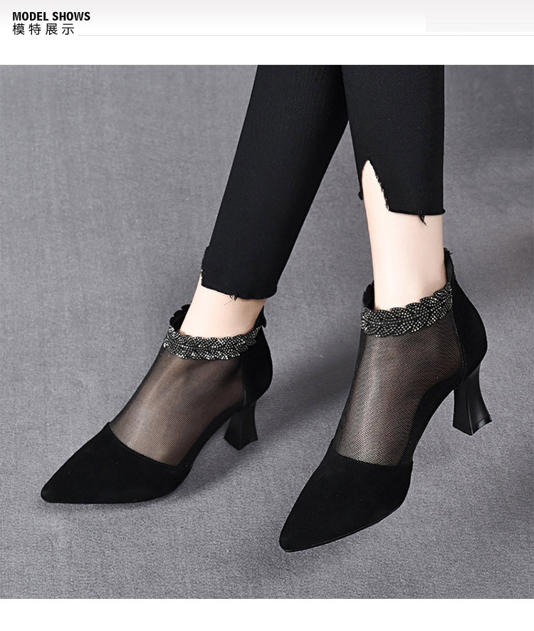 Boot lưới nữ cao gót mùa hè, cổ thấp, chất liệu da thật thoáng khí — Màu Đen Cashmere + lưới chi tiết 2