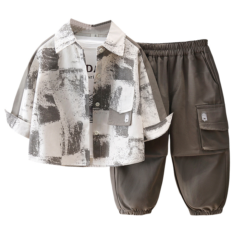 7103 Traje de camisa para niños Primavera y otoño 2025 Nuevo estilo Camisa de manga larga de moda para niños Primavera Conjunto de dos piezas de celebridades de Internet