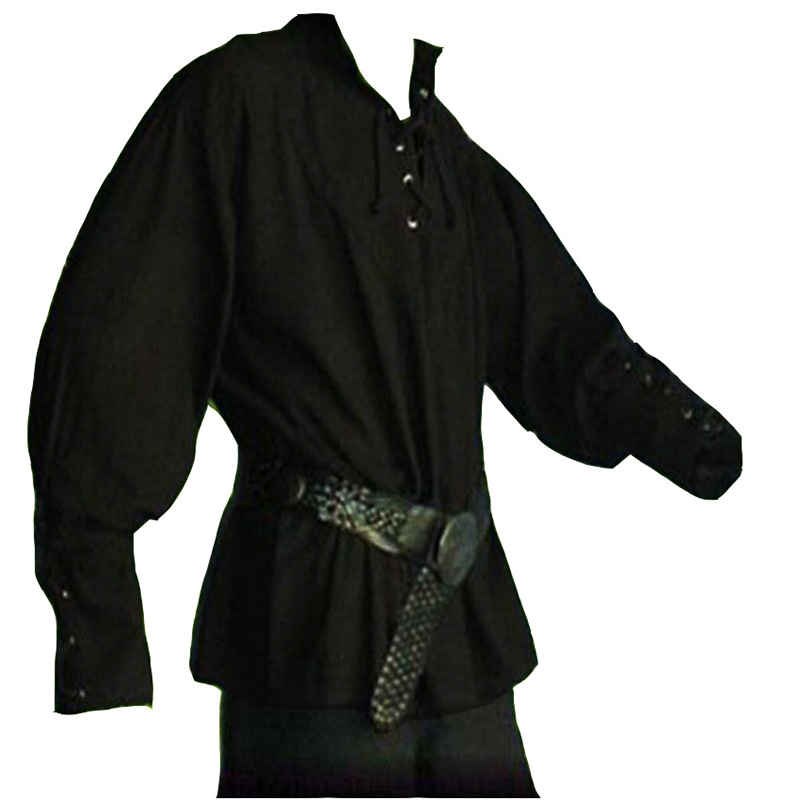 Men's medieval strappy long sleeved shirt with tied sleeves and ropes, solid color loose top_voghion.com