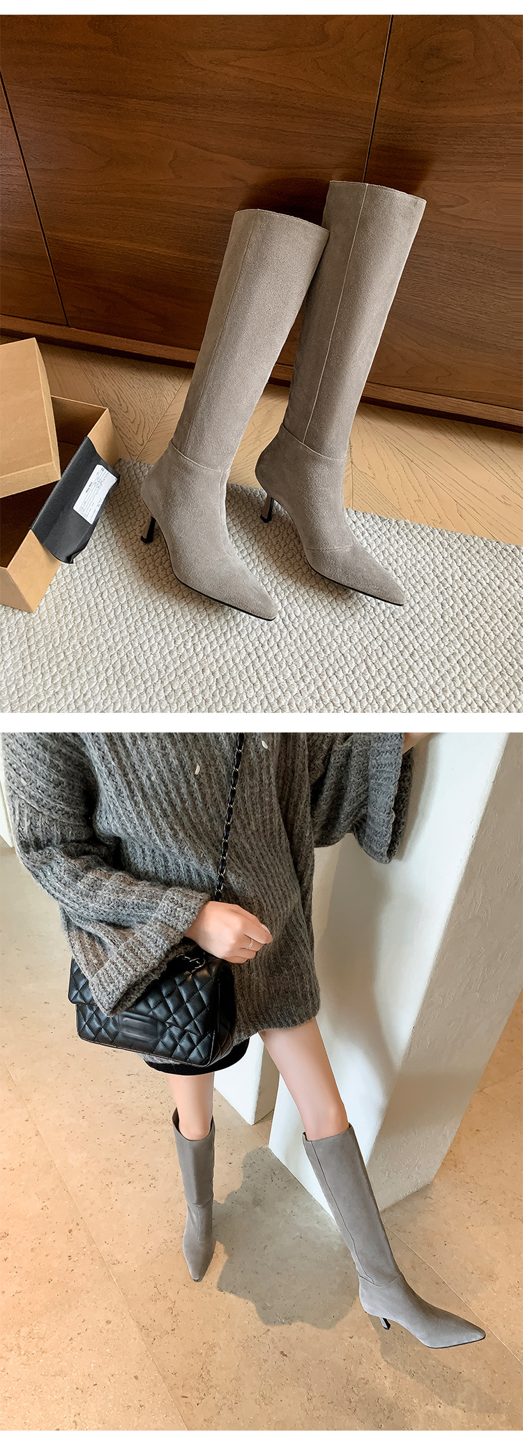 Boot nữ cổ cao mũi nhọn gót nhọn ống rộng chất liệu da lộn cao gót — Lót lông nâu, Lót đơn xám, Lót lông xám, Bảng màu nâu chi tiết 10