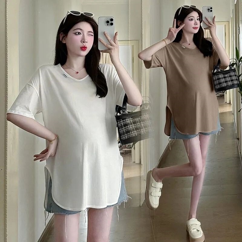 Plus-Size Maternity Short-Sleeve T-Shirt, Summer New Style, V-Neck, Korean Version, Loose, Fashionable, Casual Top, Cotton, Slimming Effect 100kg Plus-Size Maternity Short-Sleeve T-Shirt, Summer New Style, V-Neck, Korean Version, Loose, Fashionable, Casual Top, Cotton, Slimming Effect 100kg