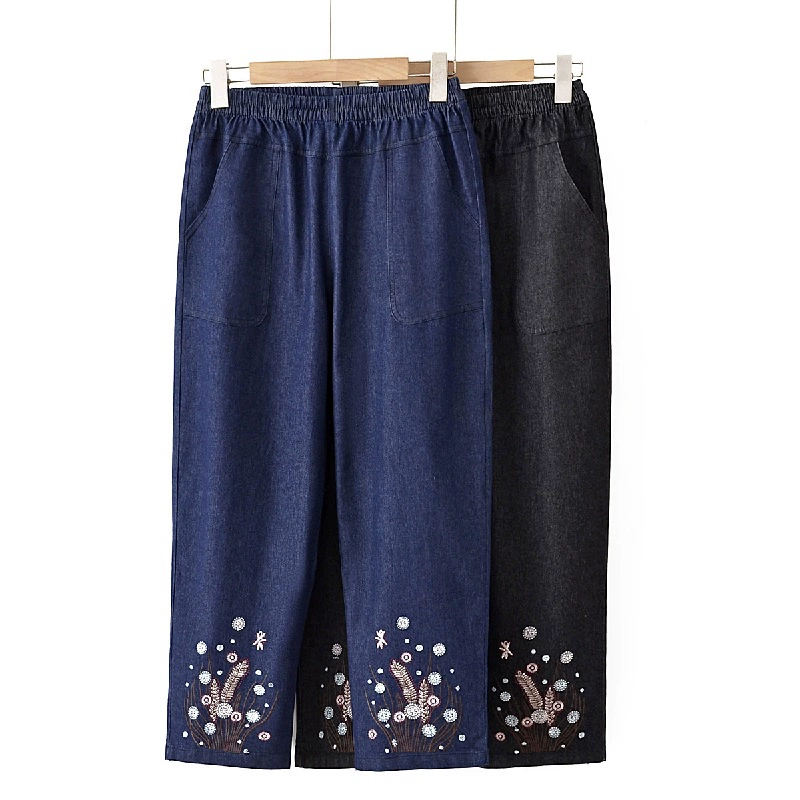Мама хлопчатобумажные джинсовые штаны восемь очков Летние брюки с высокой талией с вышивкой среднего и пожилого возраста женские брюки тонкие прямые брюки