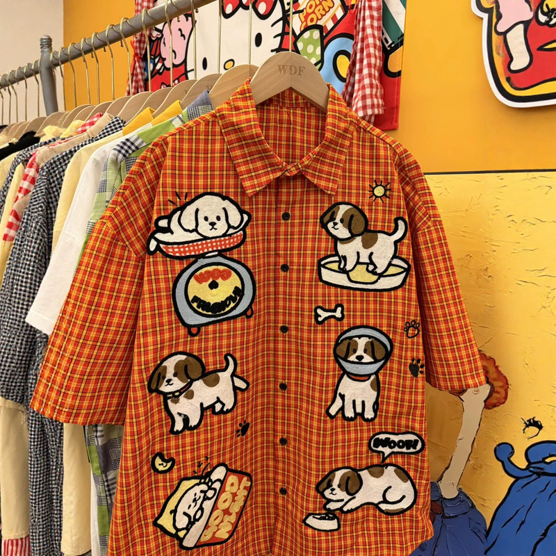 Summer Kitten Embroidered Plaid Short-Sleeved Shirt Retro Trendy Brand Loose Casual Versatile Couple Shirt for Men and Women