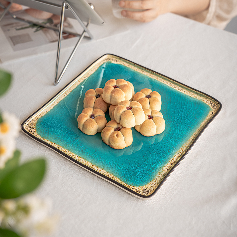Plato azul marino de alto valor, plato cuadrado de cerámica, plato de platos caseros, plato de filete, exportación transfronteriza de cubiertos esmaltados por hielo