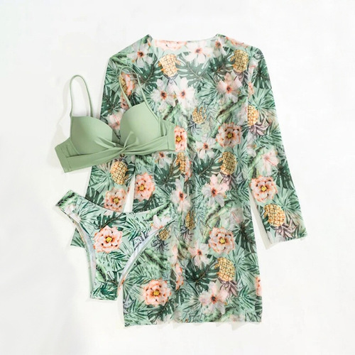 2025 European and American Swimwear Set of Three - Net Scarf Blouse Cover-up Print Bikini Separate Women's Style