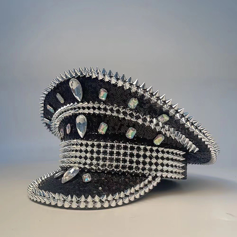 Sombrero azul marino con incrustaciones de diamantes, boina estilo punk, sombrero y2k, sombrero de marinero para mujer con ambiente otoñal e invernal, sombrero dorado para clima frío
