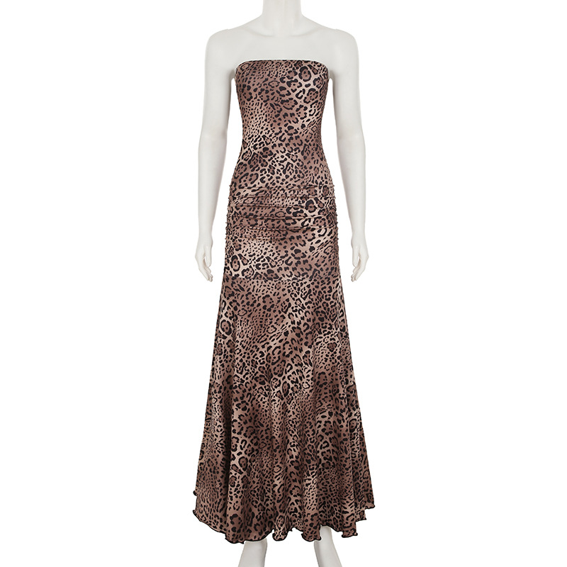 Summer Women Leopard Print Tube Top Dress Street Sexy Sexy Waist Trimming Package Hip A line Vacation Dress