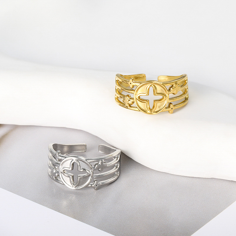 7g Weight PVD Coated Gold Plating Process Open Rings Classification Adjustable Ring Size Holiday, Daily Occasion Titanium Steel Material Leaves, Flower Pattern Unisex Gender Elegant Style Wholesale Jewelry Elegant Leaves Flower Titanium Steel Open Rings 9