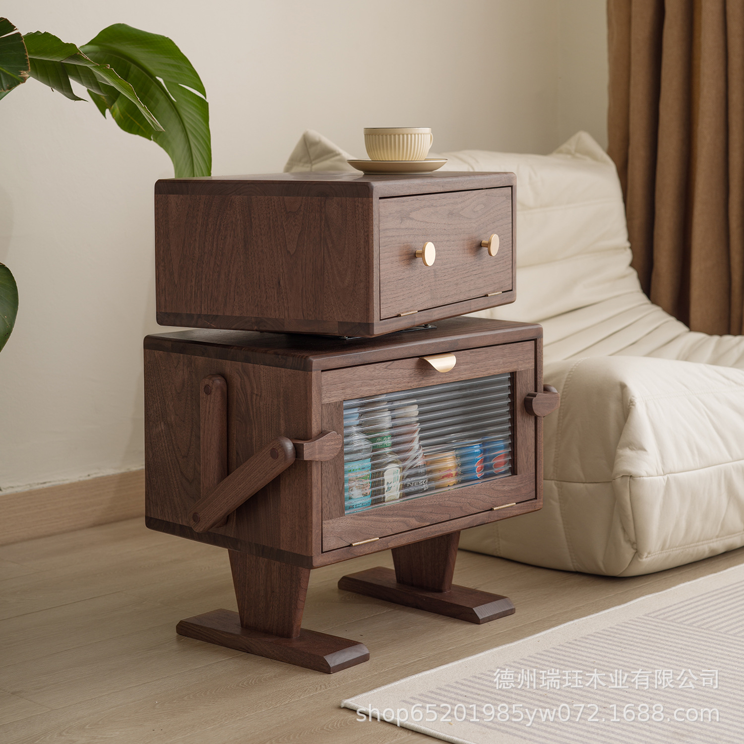 북미 블랙 월넛 로봇 사이드 캐비닛 단단한 나무 소파 사이드 테이블 거실 수납 침대 옆 테이블 어린이 만화