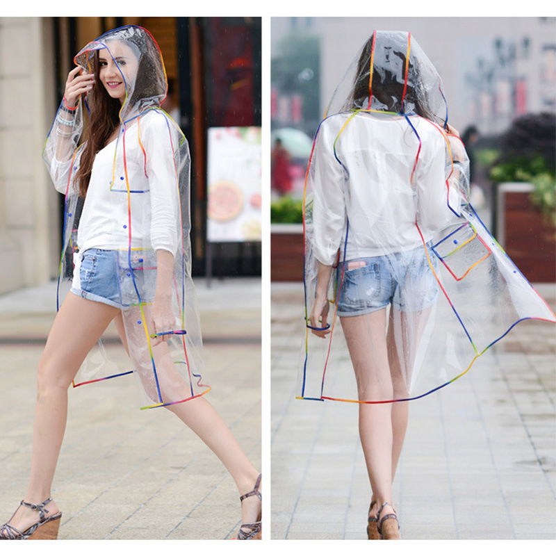 Cross-Border Hemmed Transparent Raincoat for Adults Outdoor Hiking Fashion Long Raincoat Eva Thickeneded Transparent Raincoat