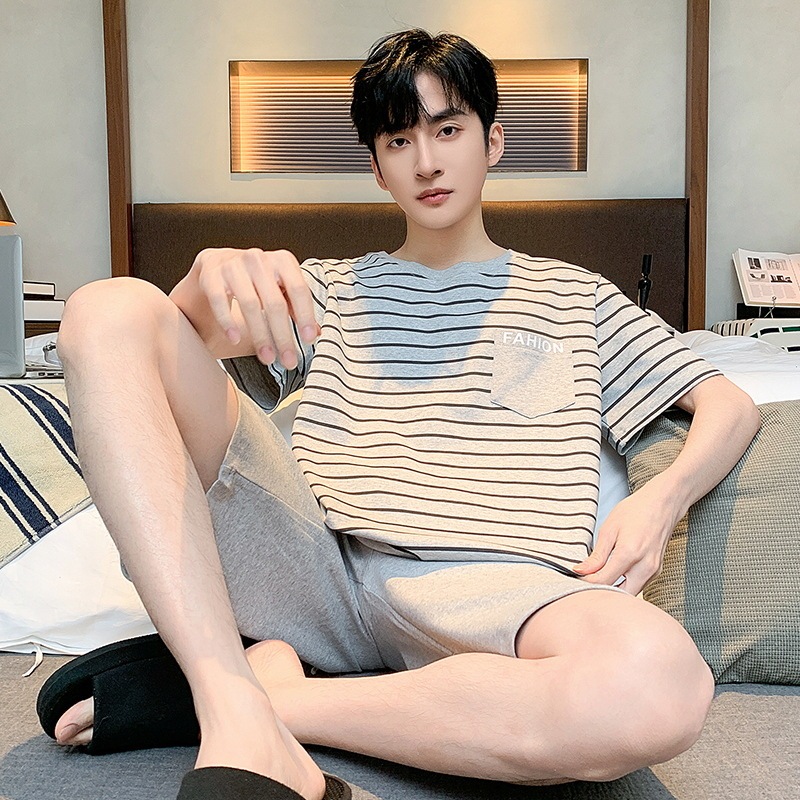 Men's Pajamas Simple Casual Youth Summer Korean Style Cotton Short Sleeve Shorts Men's Suit Home Wear