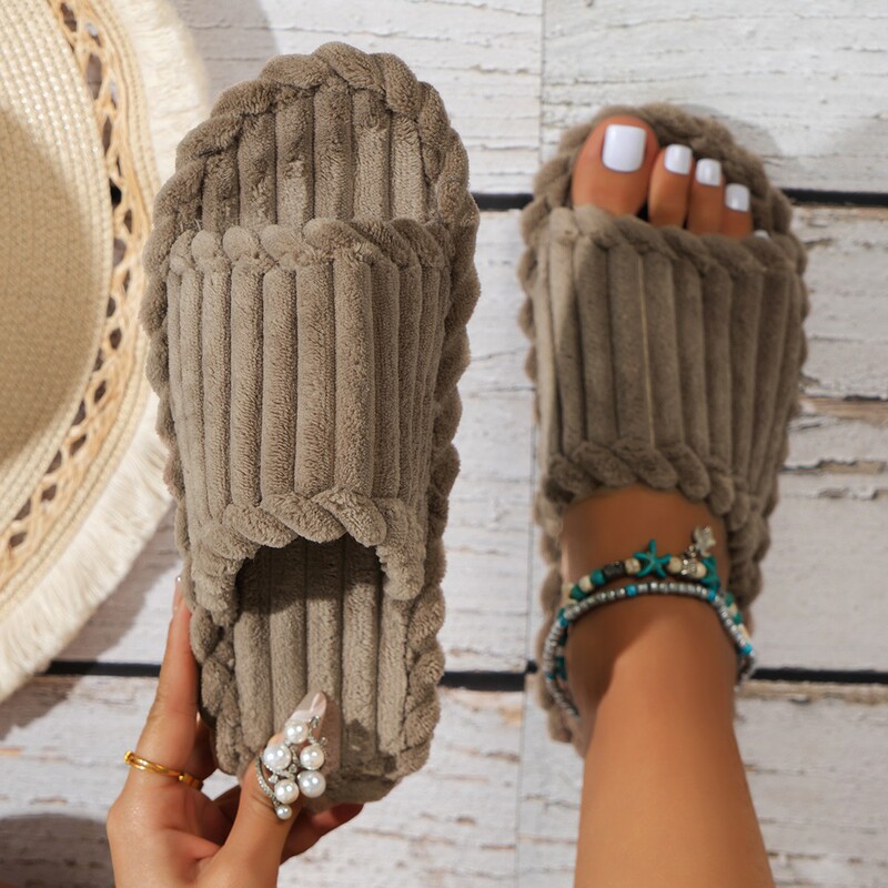Cross-Border Foreign Trade New Plush Slippers Open-Toe Flat Indoor Home Versatile Fashion Casual Corduroy Cotton Slippers