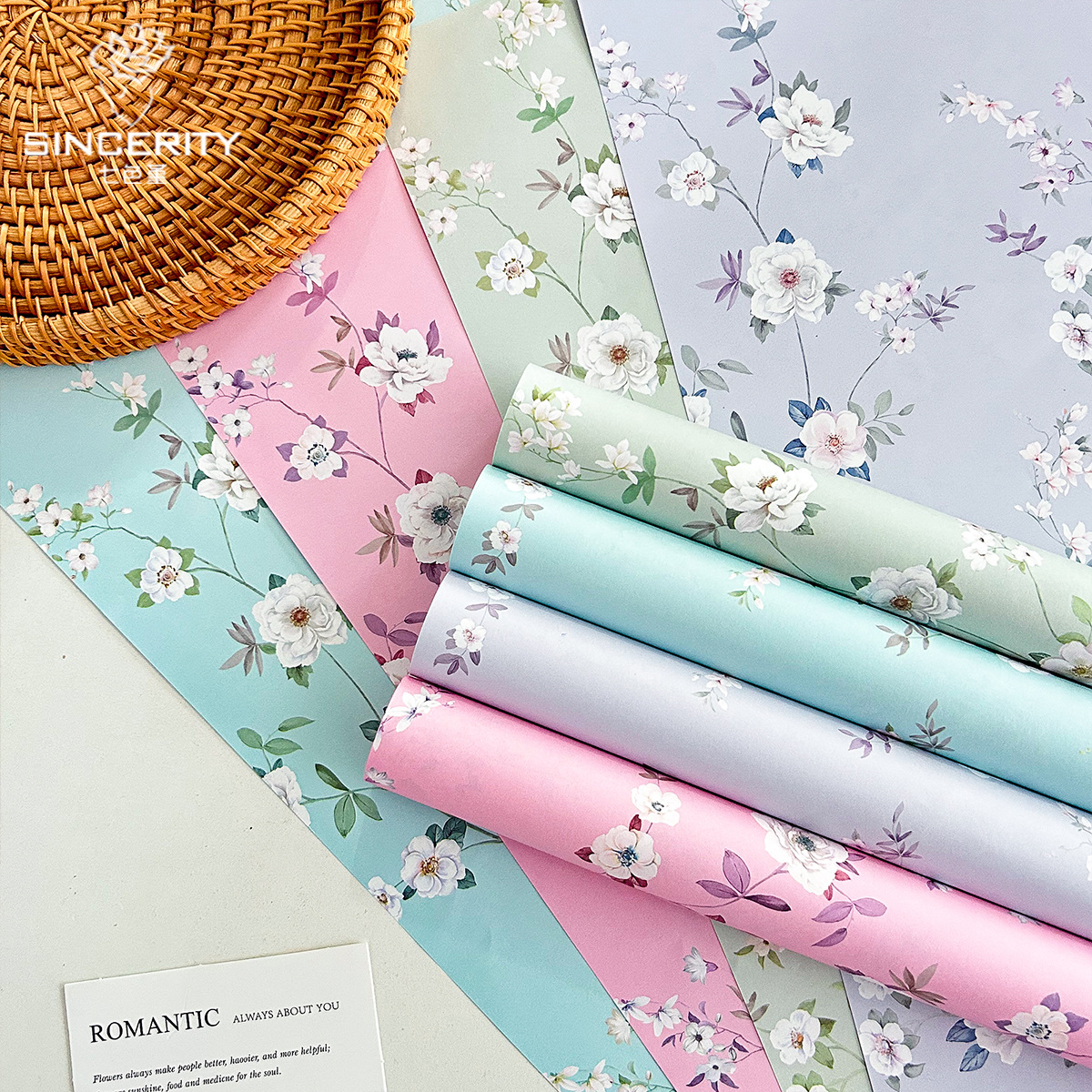 Flor de cordiería de siete colores, material de envoltura floral grueso, impresión de flores cortadas, papel kraft, paquete de flores, papel de envoltura de flores