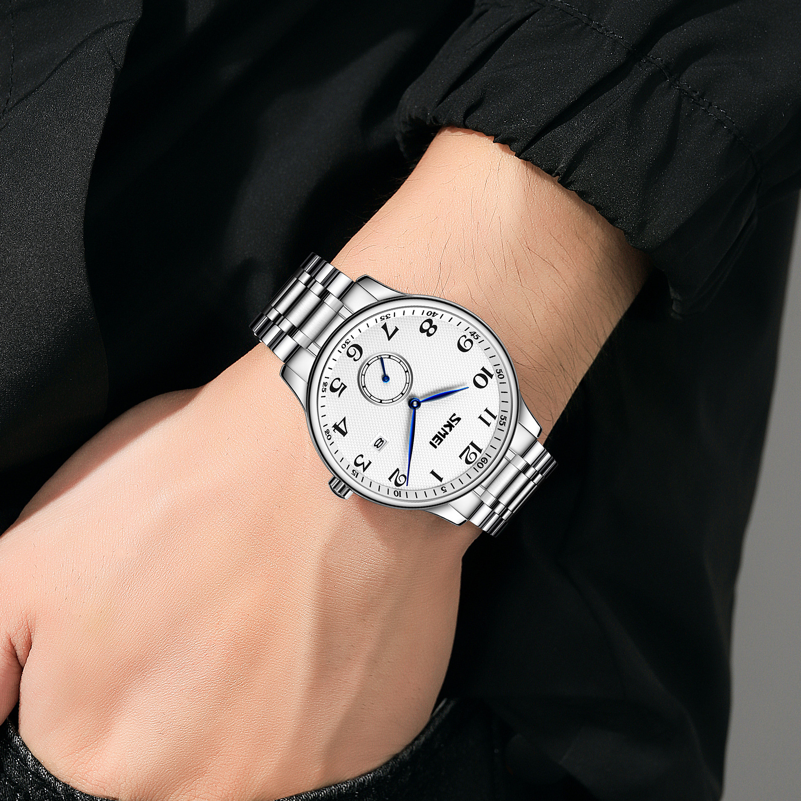 Momento de acero sólido reloj de hombre calendario de números árabes relojes de negocios comercio exterior regalos al por mayor personalizados