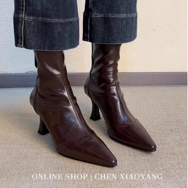 真皮版~短靴女新款冬季尖头瘦瘦靴牛皮显瘦马丁靴细跟高跟鞋踝靴