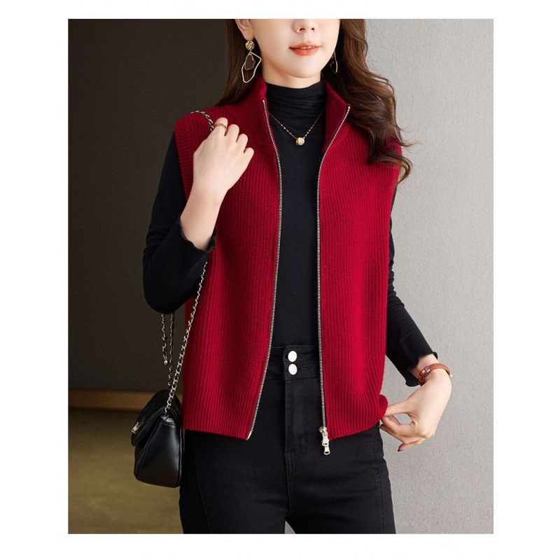 Collar vertical chaleco de punto de mujer otoño invierno 2025 nuevo chaleco de doble cremallera con la solapa suéter cardigan chaqueta de moda