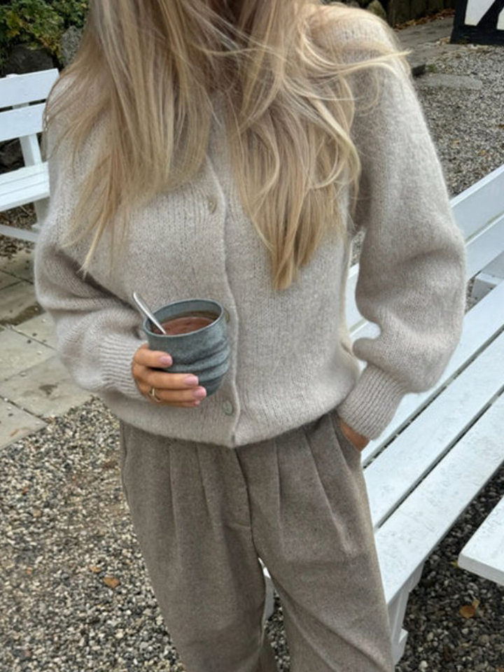 Áo cardigan len dệt kim dáng mỏng nhẹ cài nút một hàng, tay dài cổ tròn nữ — hoa hồng đỏ, màu be, màu cam, màu hoa cà chi tiết 117