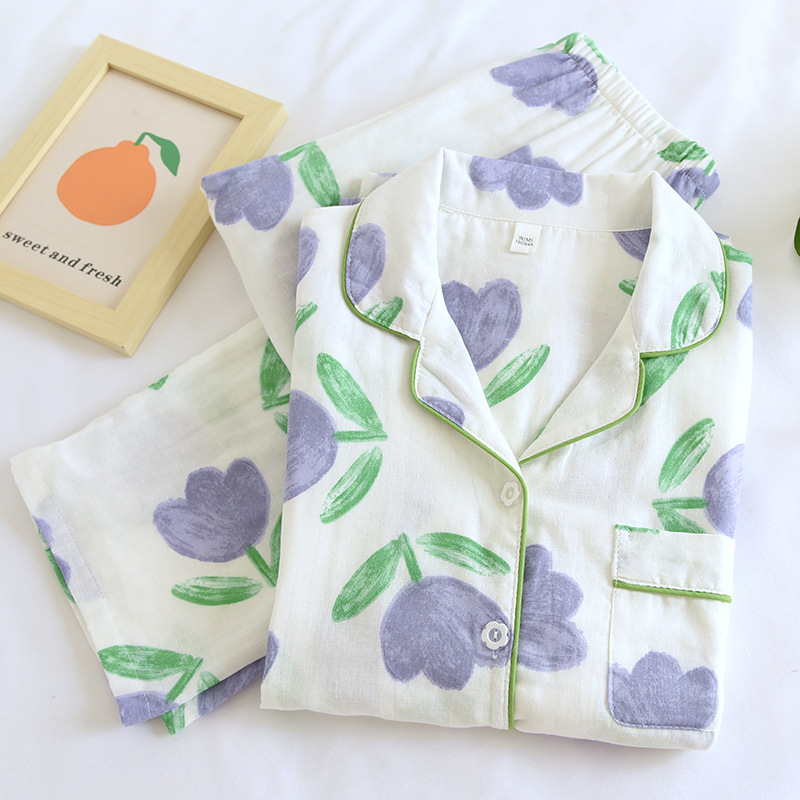 Spring and Summer Thin Cotton Double-layer Gauze Pajamas Women's Long-sleeved All-cotton Home Clothes Cardigan Large Size Plus Fat Floral Lady