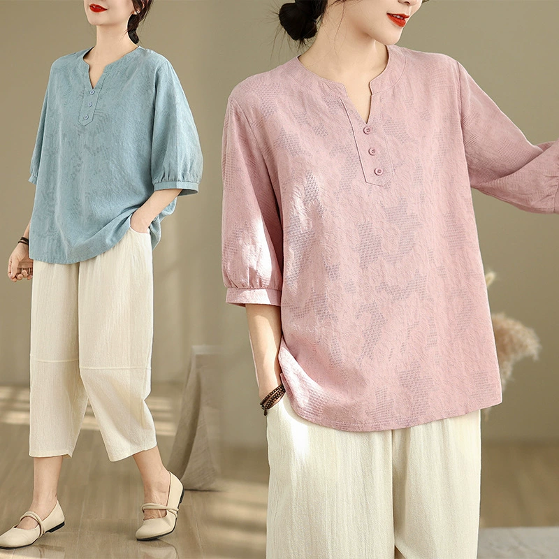 Рекордная стрельба 2025 летний хлопковый и конопля литературный свободный средний рукав маленький V-образный топ с короткими рукавами футболка с широкими ногами брюки из двух частей женский набор