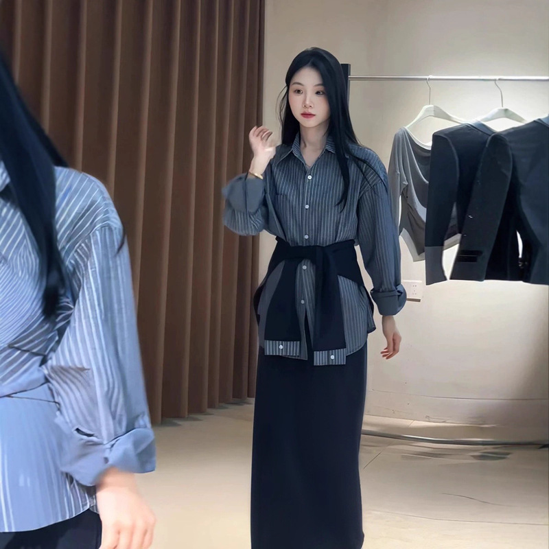 大码秋季韩系洋气时尚显瘦三件套半身裙披肩衬衫套装女胖mm240斤|undefined