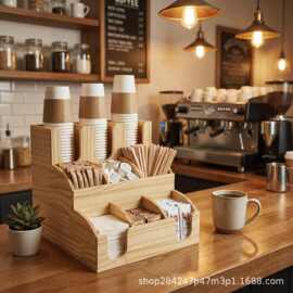 木质纸杯架奶茶店吧台分杯器咖啡取杯架多功能杯盖纸巾吸管收纳盒