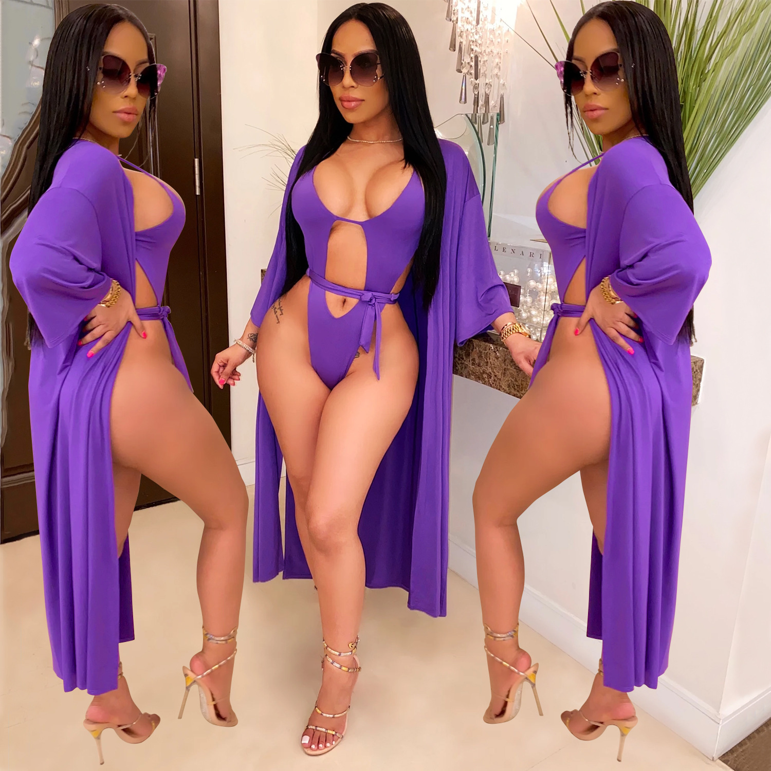 Traje de Baño Entero con Salida de Baño de Mezcla de Algodón y Poliéster, Color Liso, para Playa y Piscina image 3