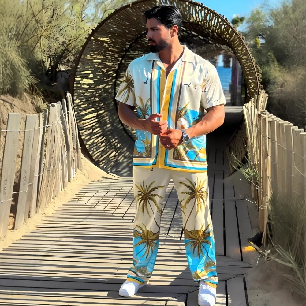 Traje de pantalones de manga corta con cuello cubano cómodo de estilo casual de vacaciones junto al mar hawaiano para hombre MB5-MR10