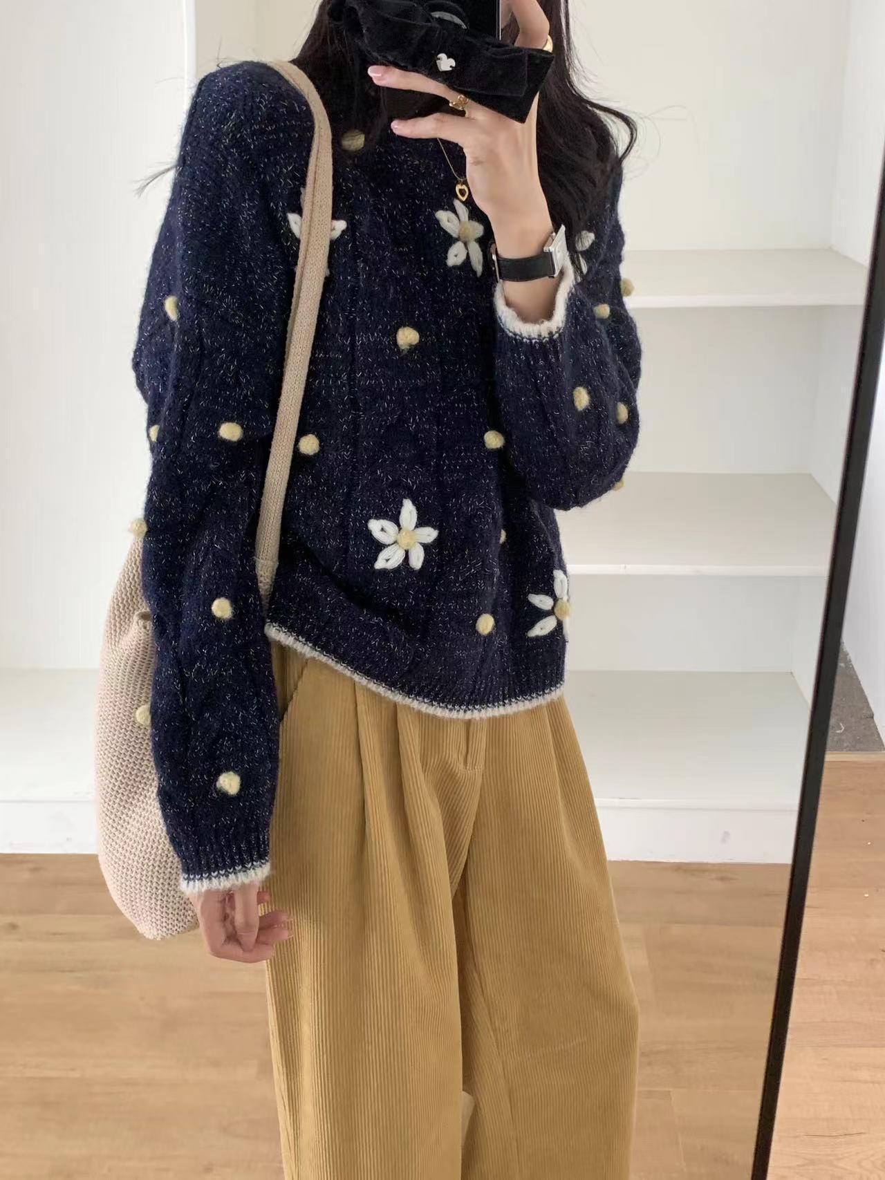 industria pesada coreana gancho de flores de cuello redondo suéter glutinoso suave para mujeres otoño 2024 nuevo viento flojo suelto jersey de jersey de punto