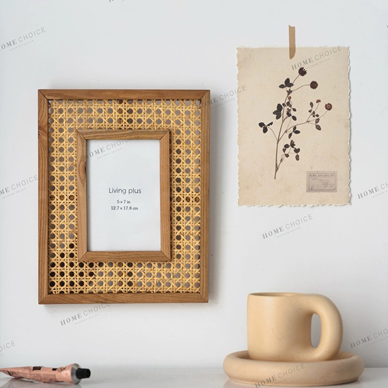 Cross-border Japanese solid wood rattan photo frame 7 inch rectangular wall hanging picture frame ins photography decorative props photo frame