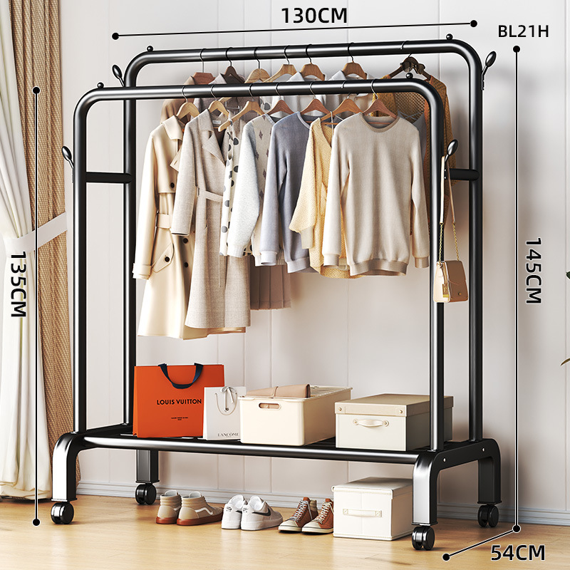 이중 극 130cm 검정색 바퀴가 달린 수납 선반 옷걸이 4개