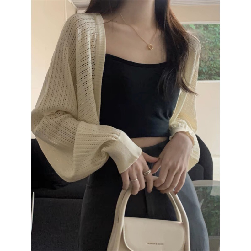 Mengzhiling Summer Knitted Cardigan for Women, Long-Sleeve Sun Protection Clothing Paired with a Short Camisole and a Small Shawl Mengzhiling Summer Knitted Cardigan for Women, Long-Sleeve Sun Protection Clothing Paired with a Short Camisole and a Small Shawl