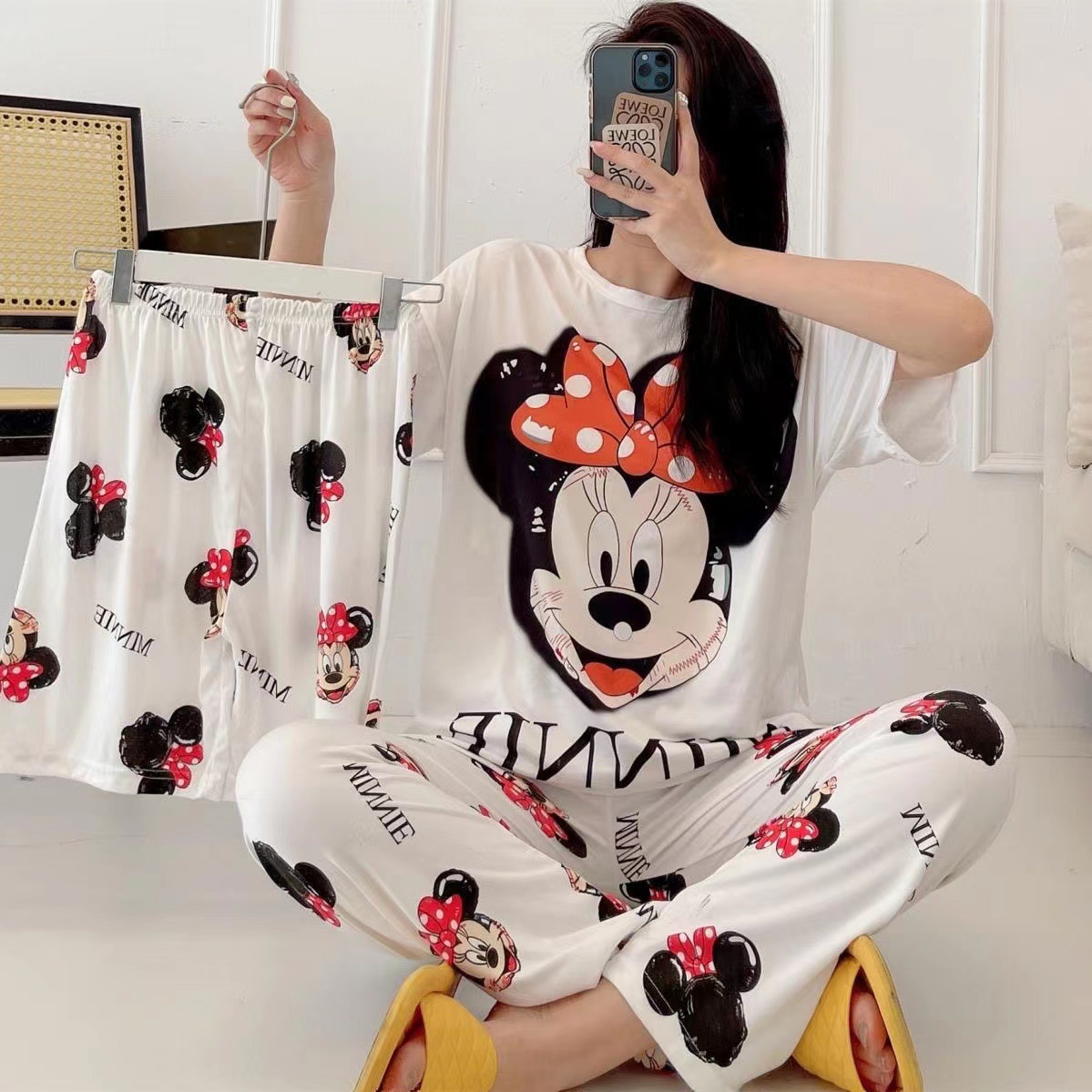 [conjunto de tres piezas] pijamas de mujer nuevo cuello redondo de verano manga corta ropa casera casual pantalones cortos sueltos set