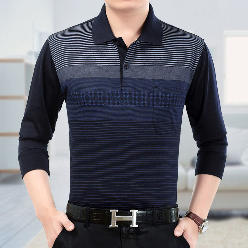 여름 티셔츠 남성용 봄과 가을 의류 중년 및 노인 남성용 루즈한베이스 탑 코튼 라펠 남성용 긴팔 티셔츠