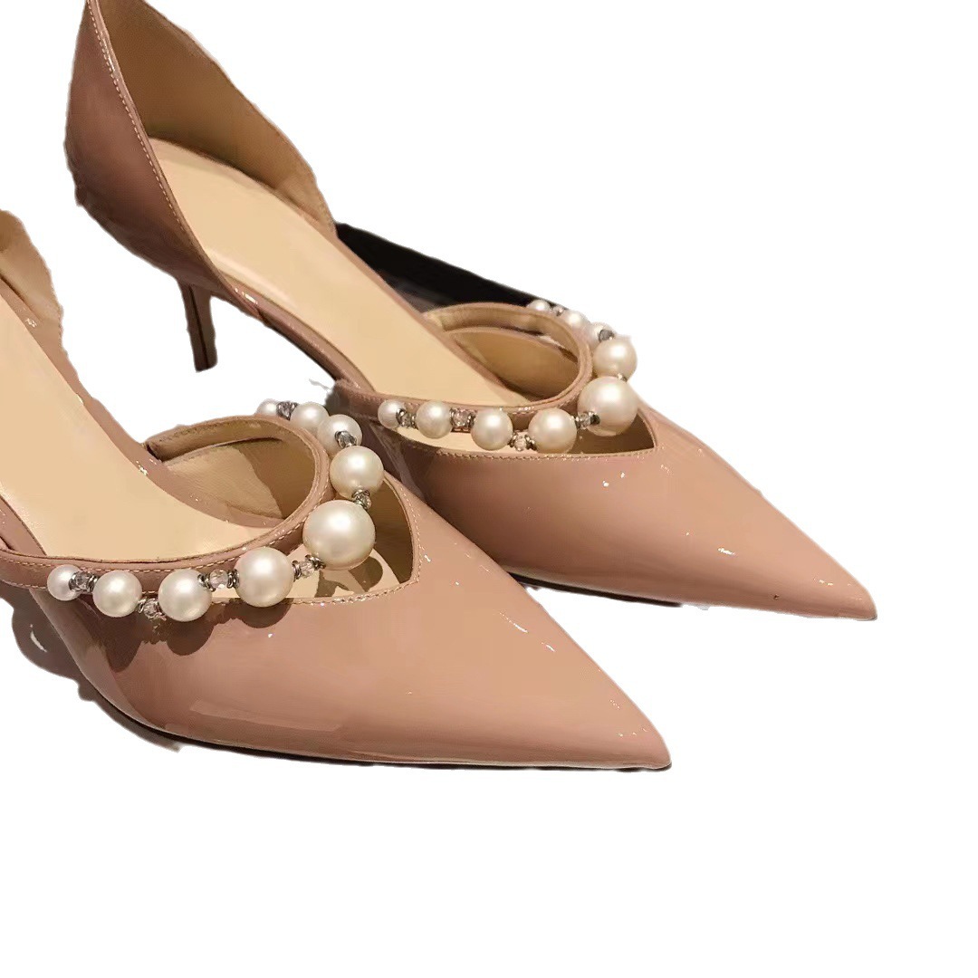 Version JC Chaussures pointues en cuir verni à talons hauts, talon fin, bride en perles, bouche peu profonde, chaussures simples creuses, sandales à bout fermé_voghion.com
