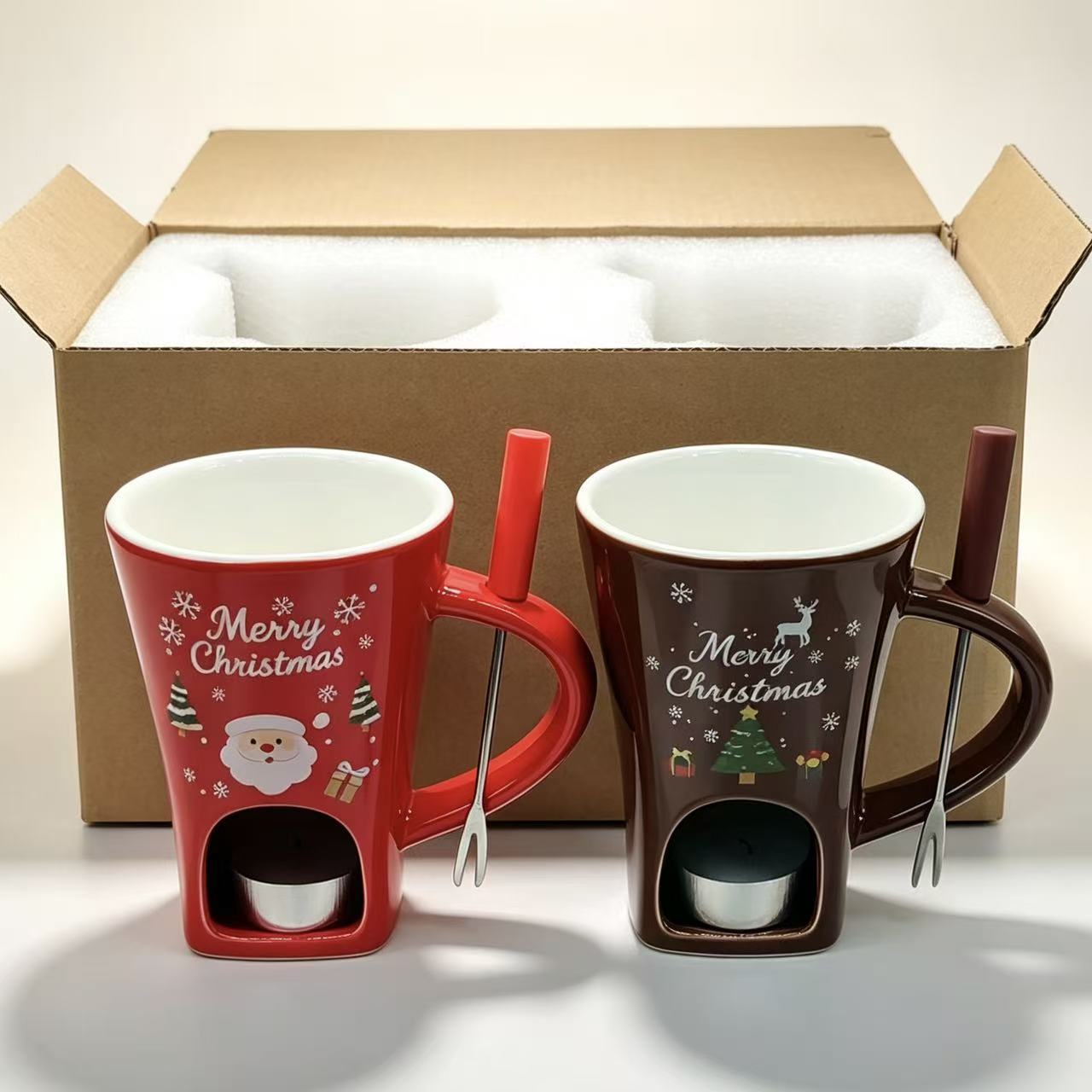 Contenedor de chocolate queso derretido dulces mantequilla hot pot mug con tenedor cerámica taza de hot pot calentada de Navidad image 5