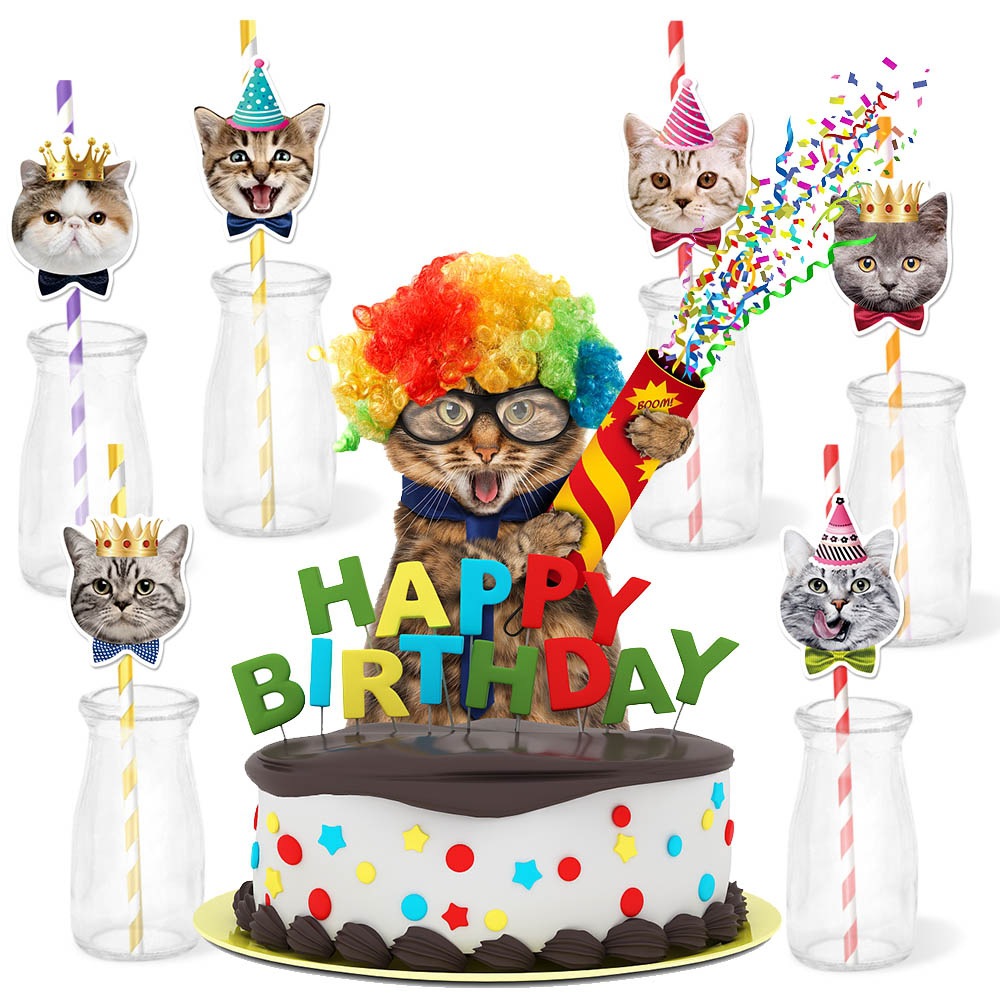 Tema de gato mascota decoración de fiesta de cumpleaños plug-in de pajita decoración de cara de gato tapón de pajita decoración de fiesta de cumpleaños