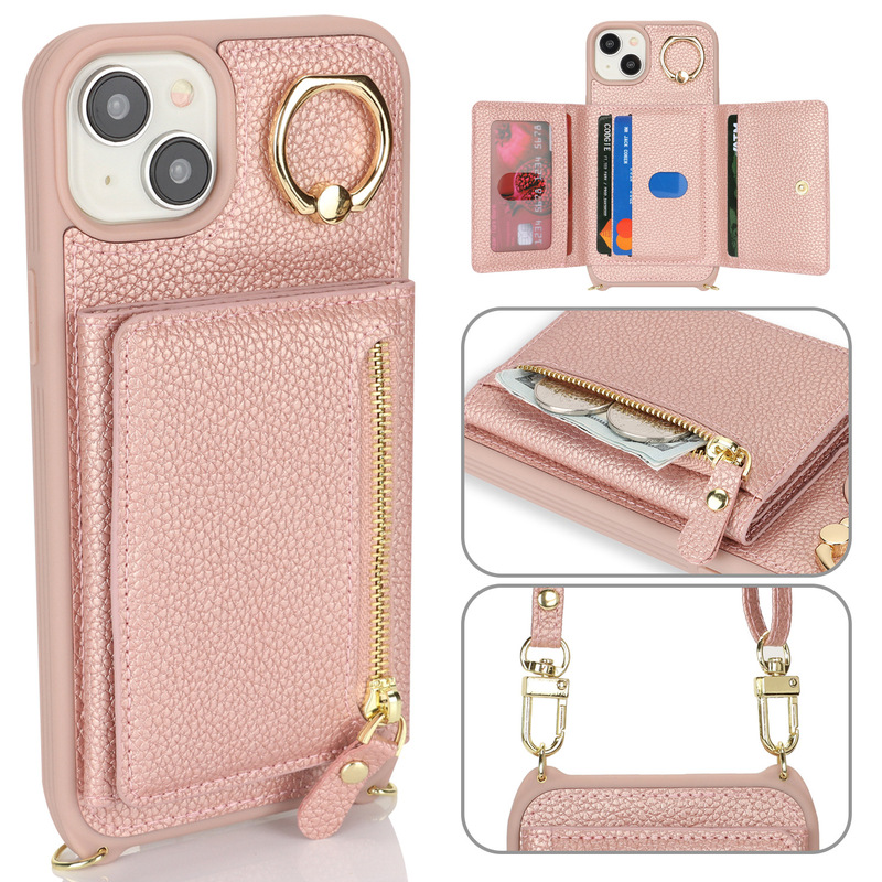 Suitable for Apple 17 Pro Max Phone Case with Lychee Pattern, Ring Holder, Crossbody Strap, iPhone 16 Wallet-Style Protective Case with Card Slot