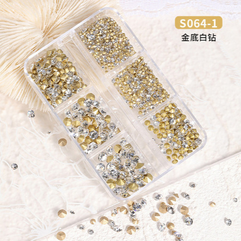 Boxed Nail Art with Baby's Breath, Pointed-Back Rhinestones, 6-Compartment Mixed Blush Nail Glass Rhinestones, Pink and White Rhinestones, Mixed Sizes