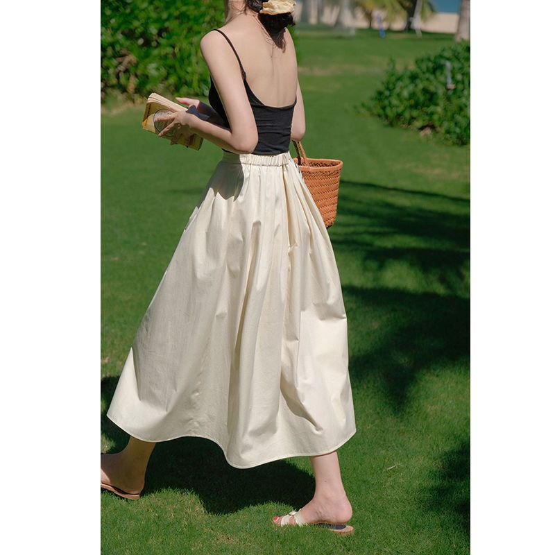 2021 Spring and Summer New Very Elegant Cream Beige High Waist Pleated Puff Style Skirt Umbrella Skirt for Women
