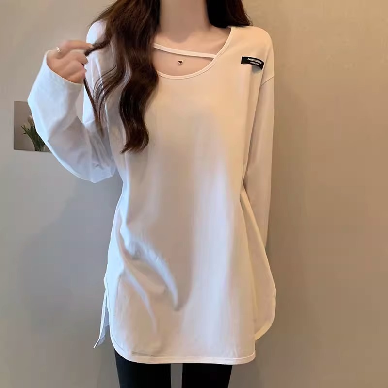 Design Sense Split Base Shirt Women's Autumn and Winter New Loose Mid-length Shark Pants Top Long-sleeved T-shirt