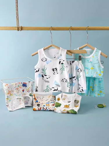 Children's summer jacquard cotton vest and shorts set new style sleeveless cartoon breathable children's clothing trend