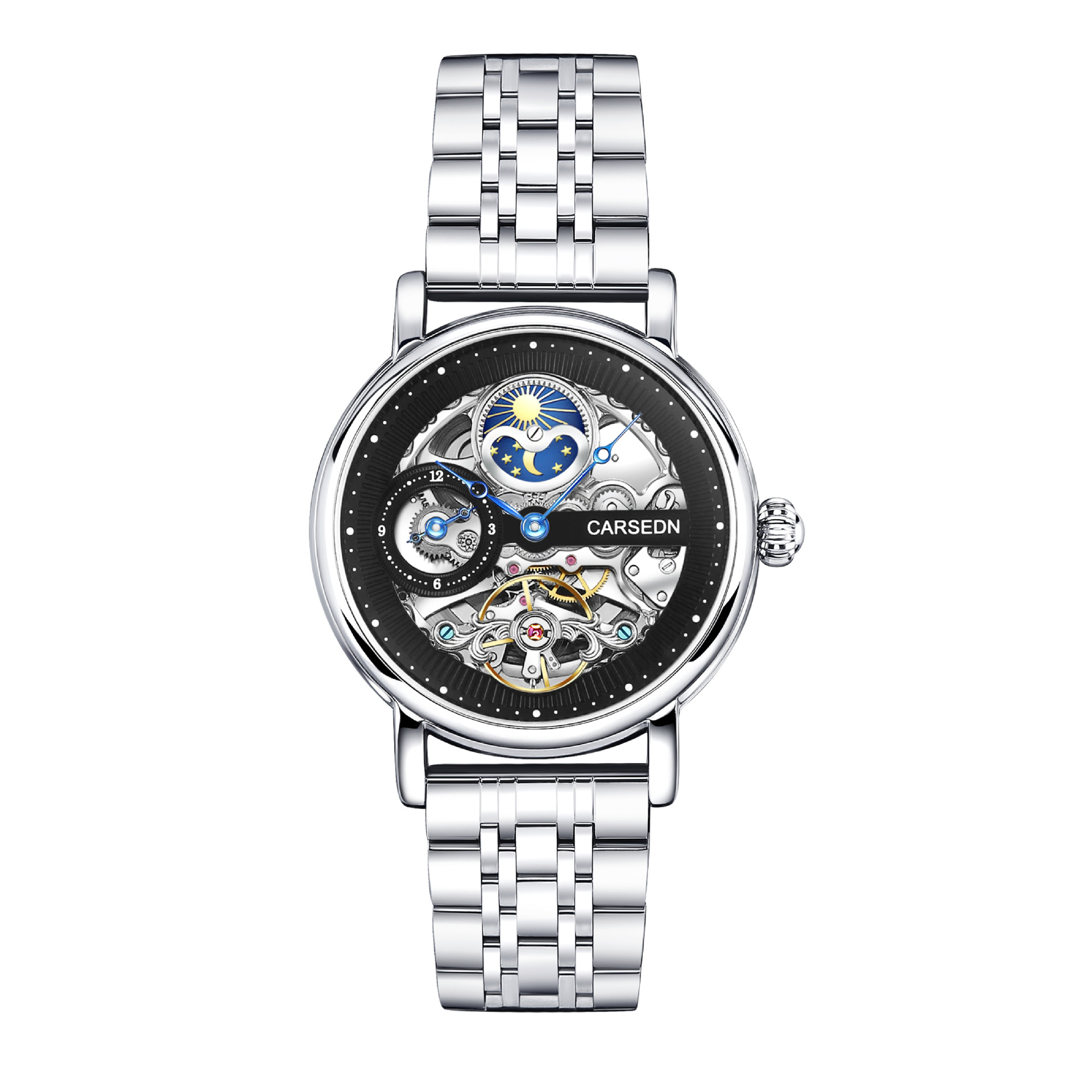 은색 껍질, 검은색 표면 및 흰색 강철 벨트