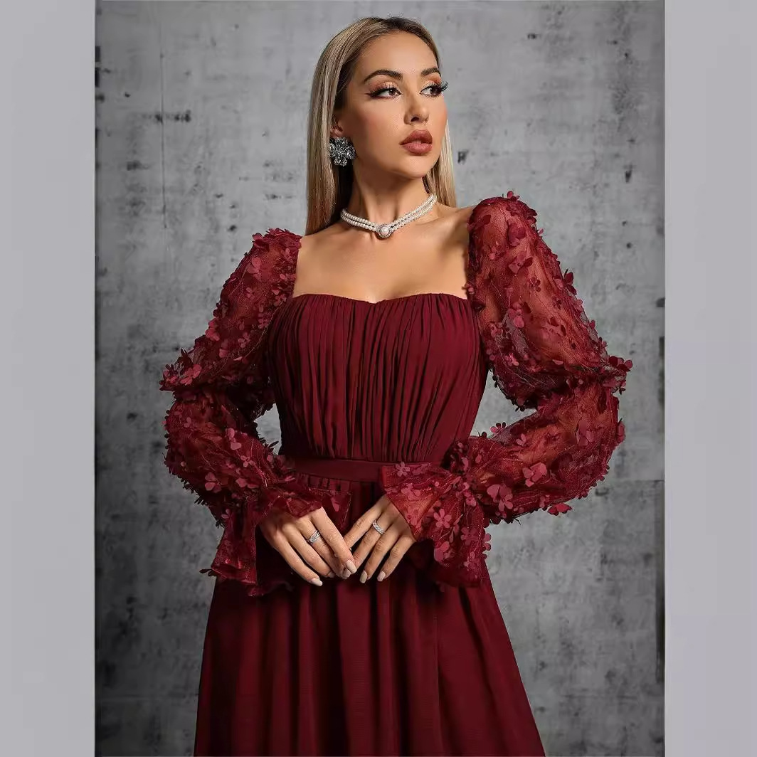 Vestido de noche transfronterizo de Amazon, nuevo vestido elegante y moderno de manga larga con cuello cuadrado de malla para mujer, envío directo de una sola pieza