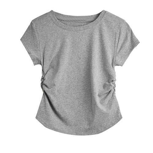 Korean small round neck high-end design sense front shoulder short-sleeved T-shirt for women's side pleated slim base shirt summer top