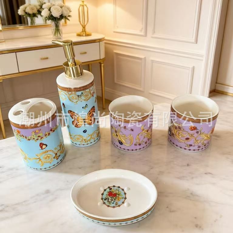 European-Style Light Luxury Medusa Series Ceramic Bathroom Five-Piece Set, Bathroom Wash Set, Mouthwash Cup, Toothbrush Cup, Dental Tools