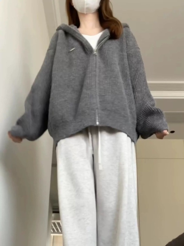 韩版灰色连帽针织开衫女秋冬新款慵懒风宽松毛衣外套百搭拉链上衣|undefined