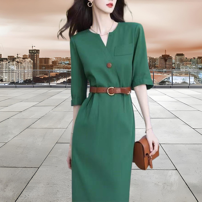 Designed Goddess Style Emerald Waist Dress French Summer V Neck Short-Sleeved High-End Professional Mid-Length Skirt